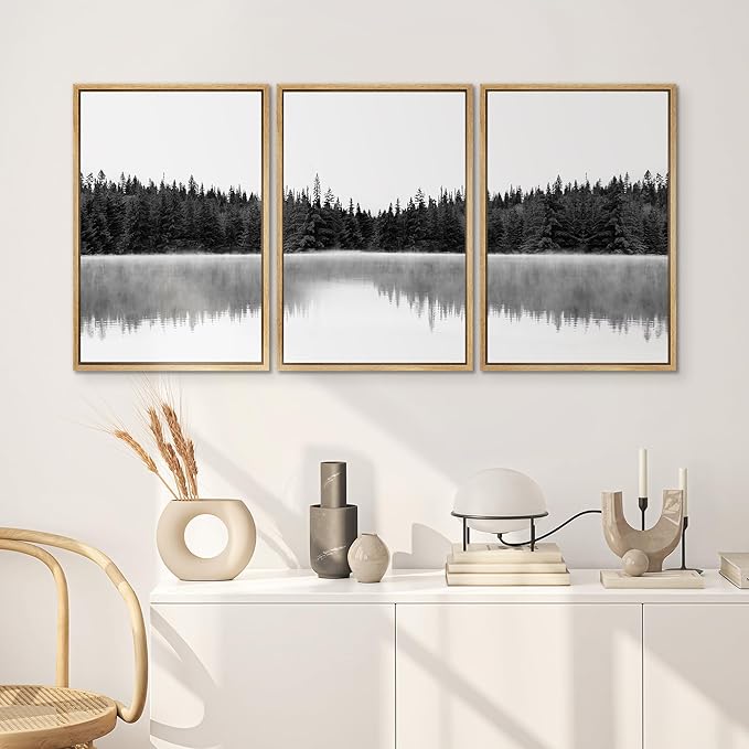 SIGNWIN 3 Piece Framed Canvas Wall Art Woodland Nursery Decor Black and White Forest with Lake Nature Abstract Traditional Home Artwork Decoration for Living Room,Bedroom - 24"x36"x3 Natural