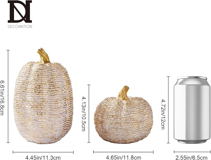 DN DECONATION Fall Pumpkin Decorations Table Centerpieces, 2Pcs White & Gold Artificial Pumpkins Figurines for Autumn Thanksgiving Harvest Indoor Home Decor (Resin with Rope-Wrapped Texture)
