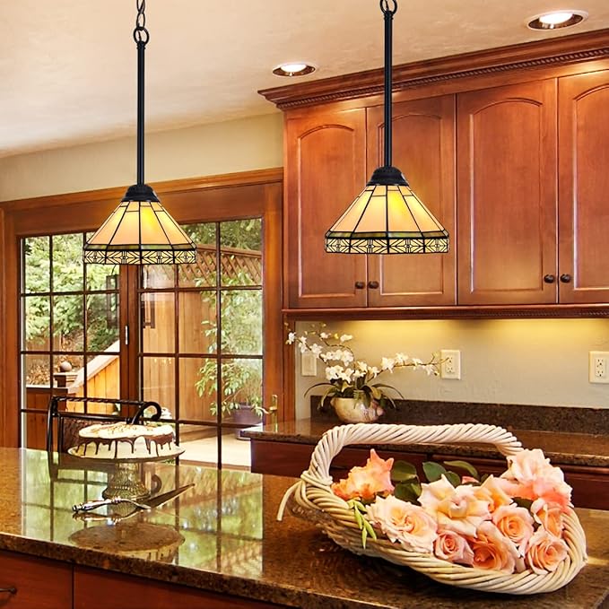 Capulina Tiffany Pendant Lights,Mini 8” Wide Stained Glass Hanging Lamp,Antique Rustic Style for Kitchen Island Counter Dining Room Hallway
