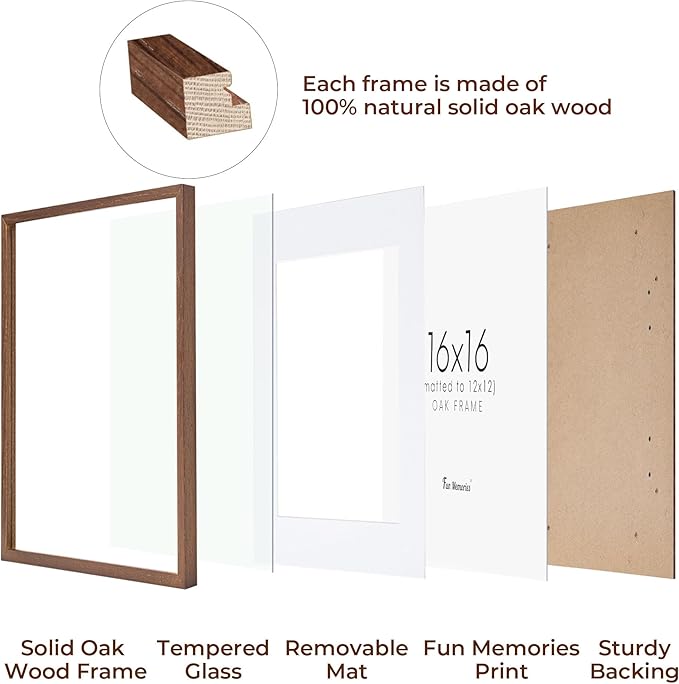 16x16 Picture Frames for Wall, Oak Wood 16"x16" Photo Frame, Square 16 x 16 Frame Matted to 12 x 12 - Tempered Real Glass, Rustic 16x16 Wood Frames (Walnut Color, 3 Pack)