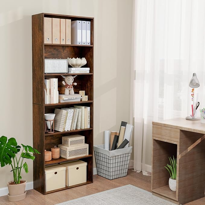 Tangkula 6-Tier Bookcase, 70” Tall Freestanding Bookshelf with 6 Open Shelves, Anti-Toppling Kits, Floor Display Storage Organizer for Living Room, Study, Kitchen, Home & Office (Rustic Brown, 70" H)