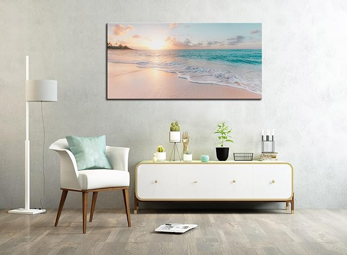 OKEXCKK Beach Canvas Wall Art - Sunset Ocean Picture Green Nature Seascape Painting Print for Kitchen, Bedroom, Living Room Decoration, Large Coastal Artwork Poster for Wall Decor 20"x40"