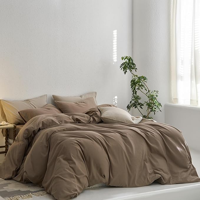 MooMee Super King Duvet Cover Set, 100% Washed Cotton Linen Like Twill Thick Sturdy Material Super Soft Breathable Durable Bedding for All Season, 3 Pieces (Bombay Brown, Super King 108"x98")