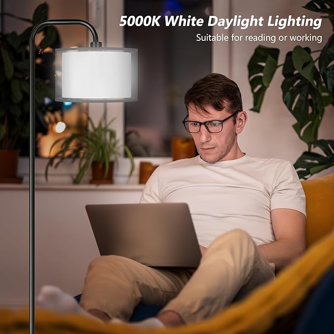 PARTPHONER LED Floor Lamp for Living Room, Modern Standing Lamp with Foot Switch Grey Organza Fabric Shade Tall Pole Reading Lamp for Bedroom Study Room Office, 9W Bulb Included
