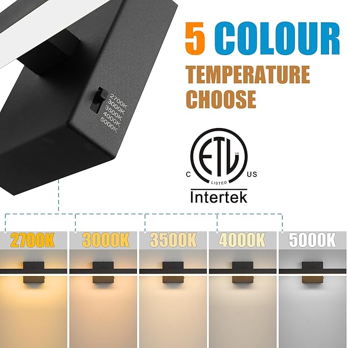 Black Bathroom Vanity Light 15.75 inch, 12W Dimmable 5CCT LED Modern Bathroom Light Fixture Over Mirror - ETL Certificated