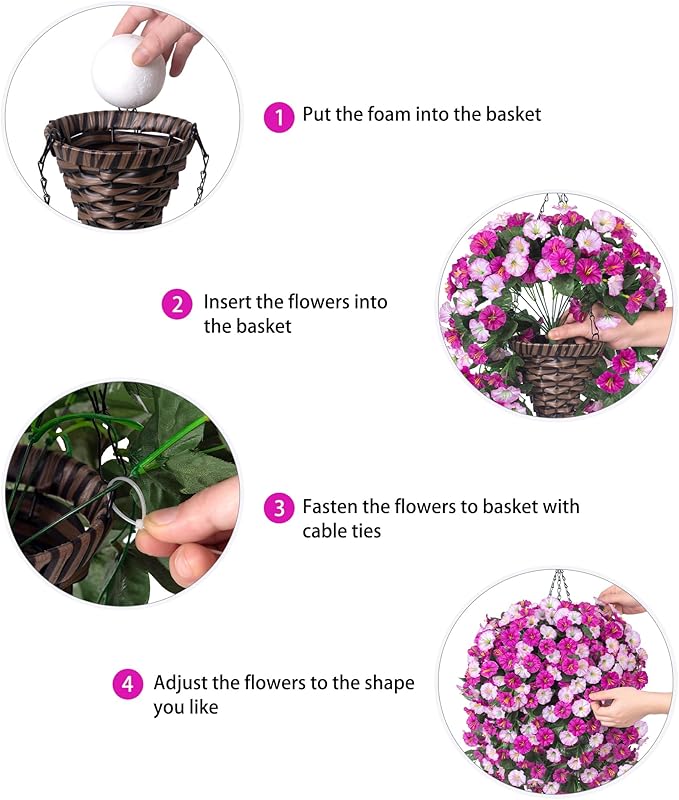 Artificial Hanging Flowers Plants in Basket, Fake Plant Silk Morning Glory Flower Arrangement for Outdoor Decor, UV Resistant Realistic Floral Planter for Outside Porch Patio Balcony (Fuchsia)