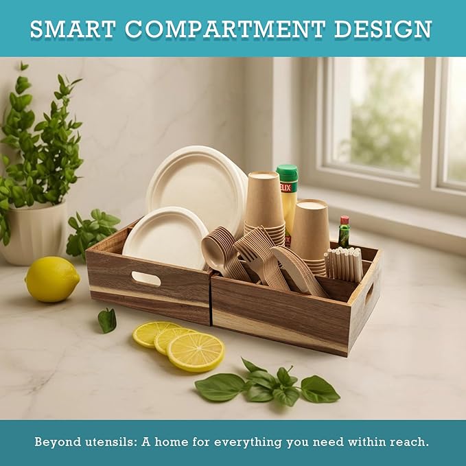2 Set of Acacia Utensil Holder for Party - Wood Utensil Caddy for Parties and Paper Plate Dispenser for Countertop - Organize Cups, Spoons, Forks, Plates, Napkins - Kitchen Accessories