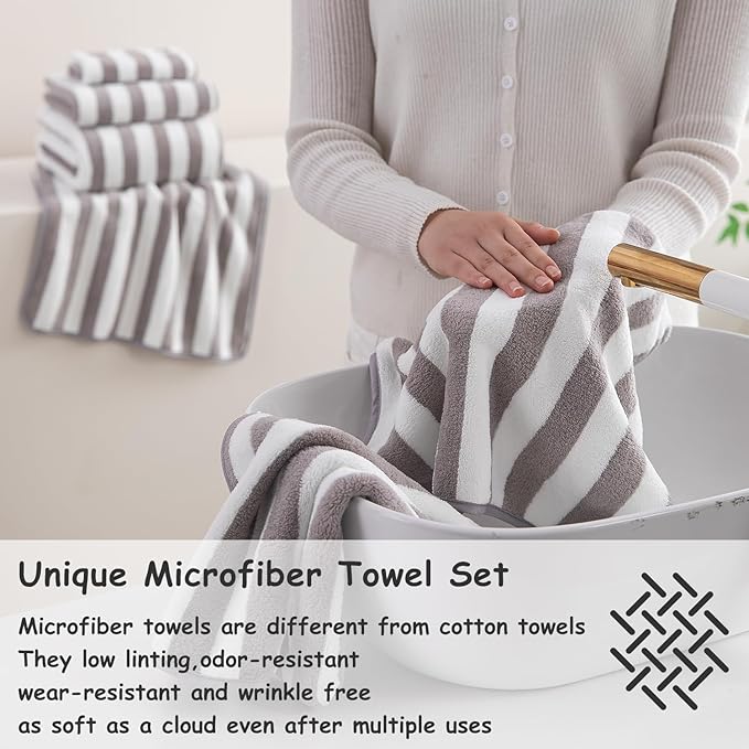 Oliven 18 Pcs Coffee Cabana Stripe Family Towels Set-6 Bath Sheets,6 Hand Towels,6 Washcloths Soft Jumbo Bathroom Towels Absorbent Shower Towel Quick Dry Beach Chair Towel Spa Gym Hotel Towel Set