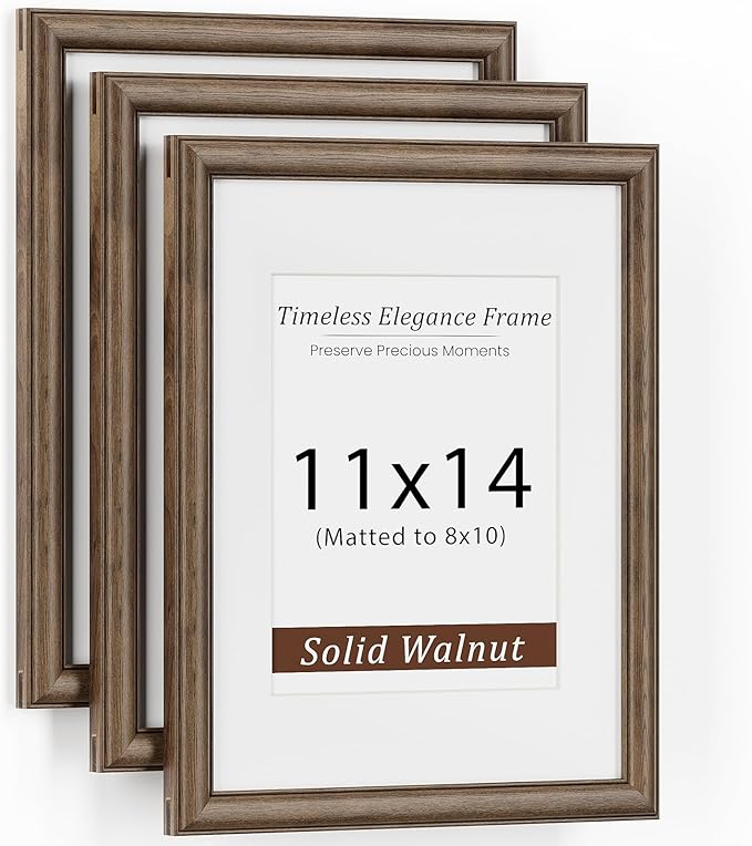 11x14 Picture Frame, USA-Sourced Walnut Wood with Tempered Glass, Display 8x10 with Mat or 11x14 Without Mat, 11 by 14 Photo Frame for Vertical & Horizontal Display, Handcrafted Wood Frame, 3 Pack