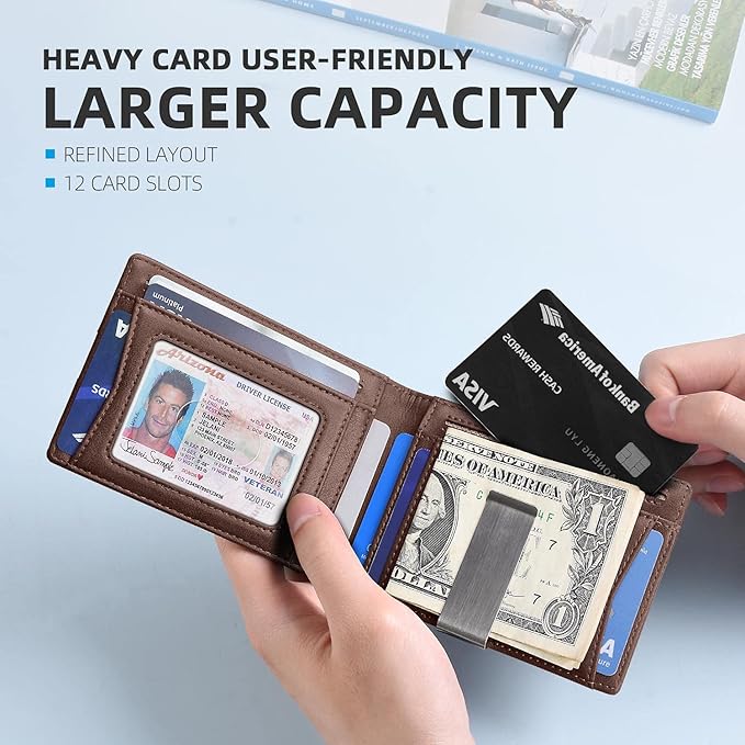 Zitahli Slim Wallet for Men Gifts 12 Card Slots ID Window With Money Clip Minimalist RFID Front Pocket Bifold Leather Small Thin Gift Box Dad Birthday Christmas Regalos Hombres