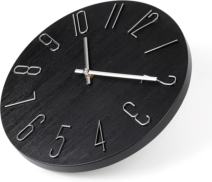 jomparis Wall Clock 12" Silent Non-Ticking Modern Style Wooden Wall Clocks Decorative for Office Home Bedroom School (Black)
