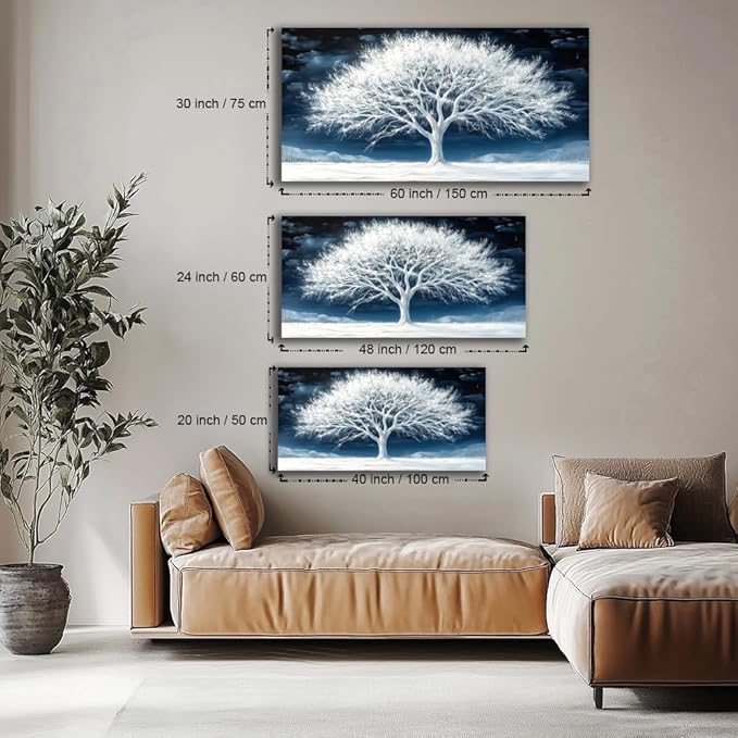 Calming Tree of Life Wall Art for Living Room Office Navy Blue Snow White Canvas Painting Prints Nature Artwork Family Bedroom Decor (20x40 Inches)
