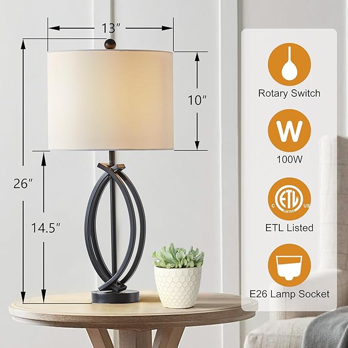 26" Industrial Table Lamps Set of 2, 3-Way Dimmable Farmhouse Nightstand Lamps Black Metal Bedside Lamps with White Shade for Living Room Bedroom, End Table Desk Lamp for Home Office