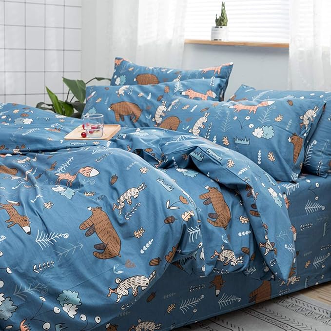 CLOTHKNOW Kids Queen Comforter Sets Blue Cartoon Bedding Comforter Sets Animal Queen Comforter Forest Fox Rabbit Comforter with 2 x Pillow Cases