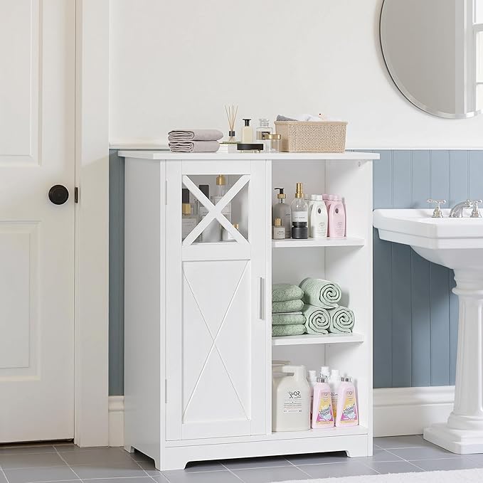 VECELO Bathroom Floor Storage Cabinet with 2 Adjustable Shelves, Freestanding Cabinet with 1 Door & 3 Open Compartments for Bathroom, White