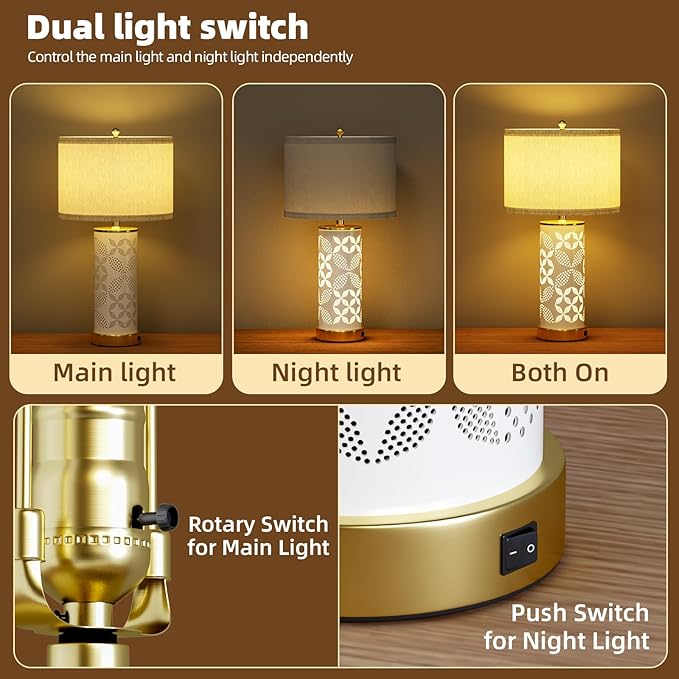 22'' Modern Ceramic Table Lamps Set of 2, Bedside Lamps with Hollow-Out Ceramic Design,USB A+C & 3 Color Temperature, Lamps for Night Stands with Night Light for Living Room and Bedroom(with 2 Bulbs)