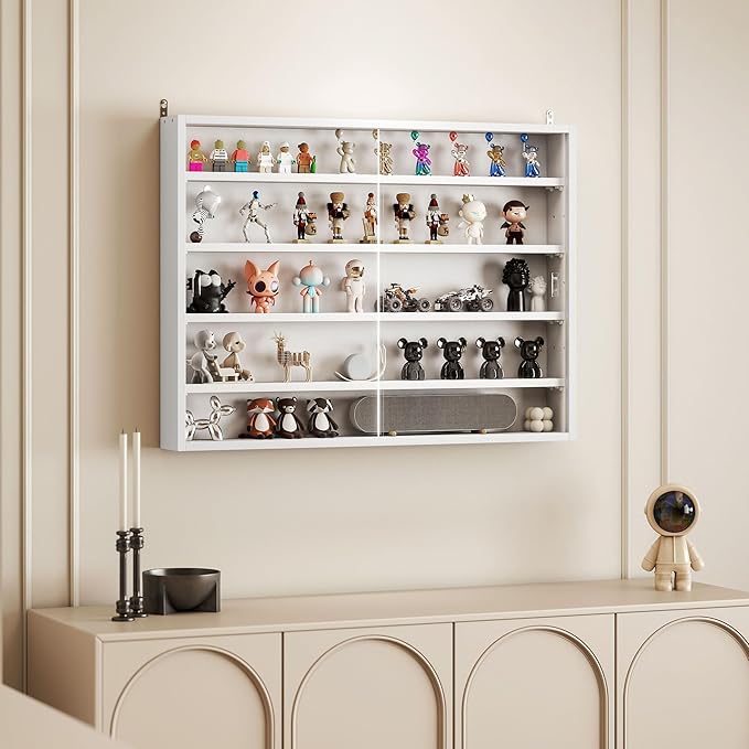 HOMCOM 5-Tier Display Cabinet, Glass Door Cabinet with Adjustable Shelves, Wall-Mounted Display Case for Playroom, Bedroom, White
