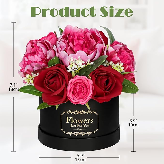 Hollyone Red Artificial Peonies Roses in Vase Round Gift Boxes with Fake Flowers Arrangements Faux Flowers Floral in Box Vase for Her Mothers' Day Valentine's Day Christmas Birthday Graduation Gift