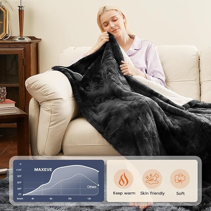 MAXEVE Electric Heated Throw Faux Rabbit Fur Blanket with 8 Heating Levels & 8 Hours Auto Off, Fast Heating Warm Cozy Sherpa Washable Blanket with Over-Heat Protection, ETL Certification, Grey