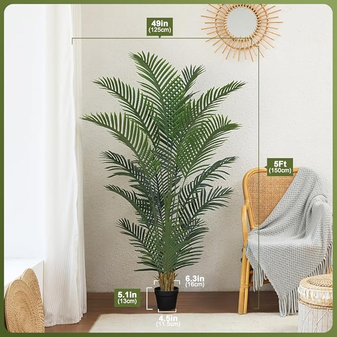 Artificial Palm Tree, 5FT Tall Fake Palm Trees with UV Resistant Leaves, Potted Faux Areca Palm Plant for Indoor Outdoor, Large Floor Plants for Home Living Room Porch Decor, 2Pcs - VN125