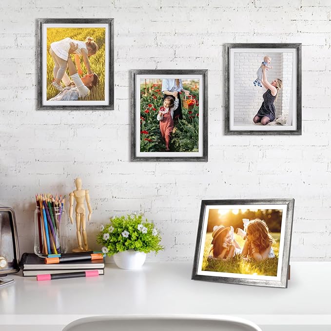 Giftgarden 8x10 Picture Frame Distressed Silver Set of 4, 9x11 Frame for 8”x10” Photo with Mat, Antique Silver Frames for Wall or Tabletop