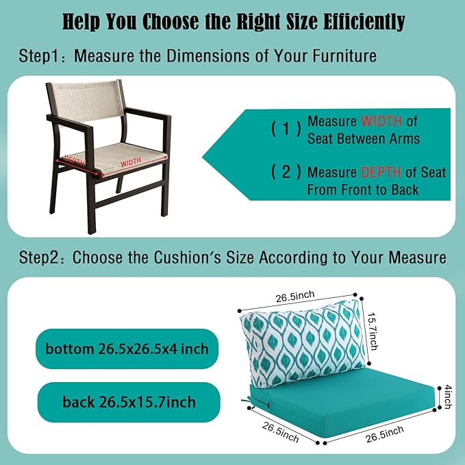 idee-home Outdoor Cushions for Patio Furniture, Outdoor Seat Cushion, Waterproof Hampton Bay Deep Seat Replacement Couch Chair Cushions for Garden Lawn Backyard Deck, 26.5 x 26.5 Peacock Blue Pattern