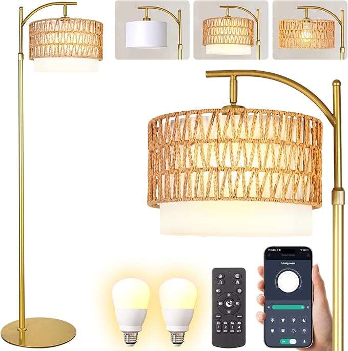 Bohemian Rattan Floor Lamp for Living Room - Golden Arc Design, 12W LED (1 in use + 1 Spare), Remote & Dimmable 3 - Color Temp, Tall Standing Lamp