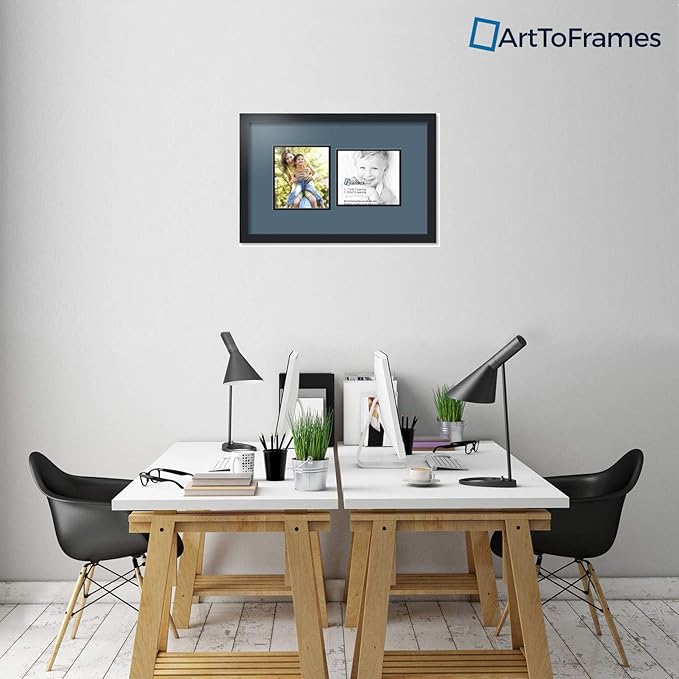 ArtToFrames Collage Photo Frame Double Mat with 2-7.5x8.5 Openings with Satin Black Frame and Dutch Blue mat.