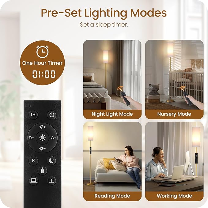 Dimmable Floor Lamp for Living Room with Remote and Foot Switch, Corner Floor Lamp, 66'' Standing Tall Lamp, 10W 900LM LED Bulb Included, 3000K-6500K, Linen Shade, Gold White, FCC Listed DCW06LD05W1