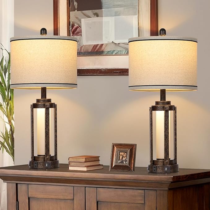 Farmhouse Lamps with USB A+C Charging Ports & AC Outlet, Rustic Vintage Industrial Table Lamps Metal Lamp with Glass LED Night Light & Beige Fabric Shade for Living Room Bedrooms Nightstand Bronze
