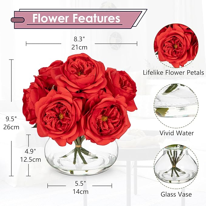Hollyone Red Roses Peonies Artificial Flowers with Glass Vase Silk David Austin Roses Faux Flowers Arrangements with Clear Faux Water in Vase Fake Peonies Rose Peony Floral Bulk Bouquet Home Decor
