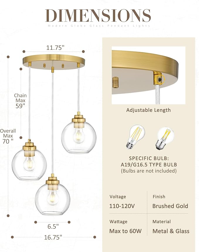 Gold Cluster Pendant Light, 3-Light Globe Hanging Light Fixture, Kitchen Island Lighting with Clear Glass for Dining Room Living Room Laundry Entrance Foyer, ZCPL101BG-3C