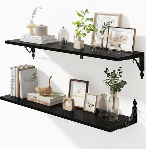 Deep Floating Shelves for Wall, 32"W x 8"D Wall Shelves, 8 Inch Deep Floating Shelf with Bracket, 32 Inch Floating shelves Set of 2, Rustic Shelves for Living Room, Bathroom and Kitchen, Black