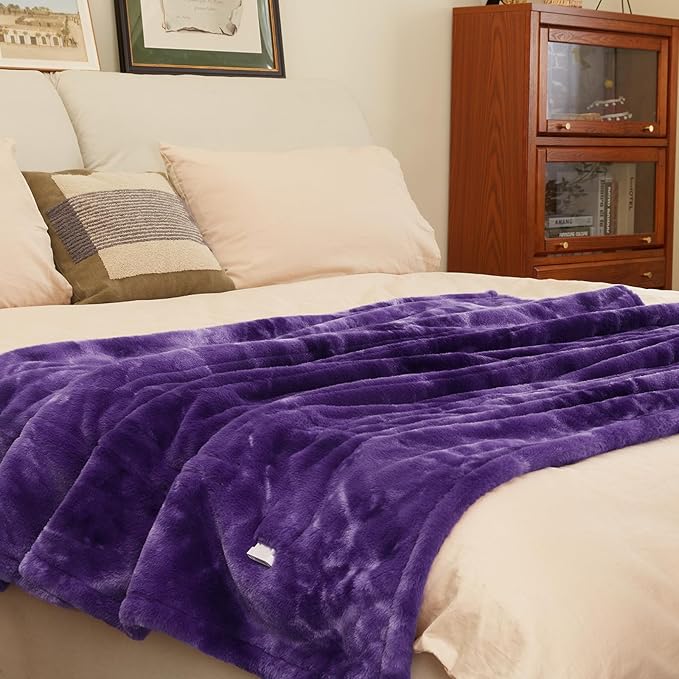 MAXEVE Electric Heated Throw Faux Rabbit Fur Blanket with 8 Heating Levels & 8H Auto Off, Fast Heating Warm Cozy Sherpa Washable Blanket with Over-Heat Protection, ETL Certification, Purple