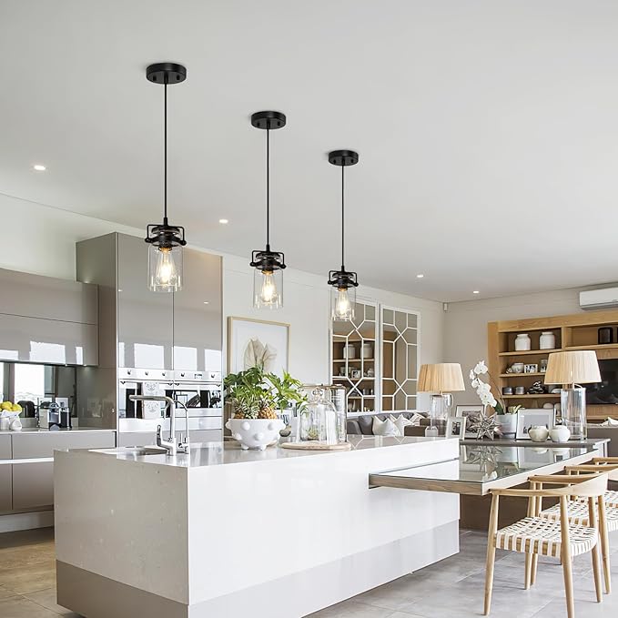 Industrial Pendant Lighting Fixtures, Hanging Pendant Lights with Seeded Glass Shade, 3 Pack Black Ceiling Light Fixture Adjustable Farmhouse Pendant Light for Kitchen Island Dining Room