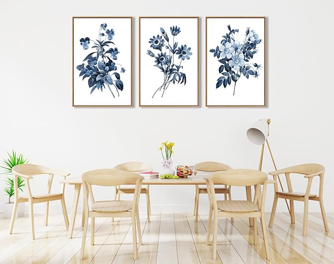 Large Framed Canvas Wall Art - Natural Float Framed Indigo Flowers Picturtes for Living Room Decor Retro Blue Floral Botanical Artwork Plants for Bedroom Kitchen Home Office Decor 48" X 24" Set of 3