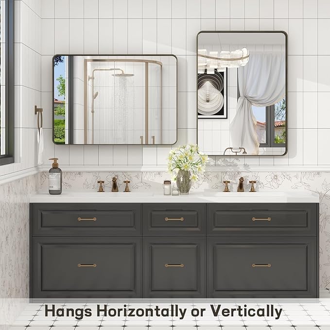 20x30 Inch Bronze Framed Bathroom Mirror, Rectangle Brushed Bronze Metal Vanity Mirror,Rounded Bathroom Vanity Mirror, Anti-Rust, Shatterproof (Horizontal/Vertical)