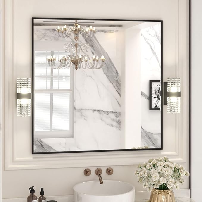 LOAAO 36"X36" Black Rectangle Bathroom Mirror Wall, Matte Black Aluminum Alloy Frame, Tempered Glass, Hangs Vertically or Horizontally, Easy to Install