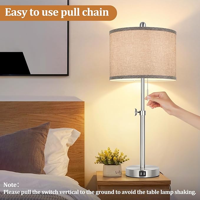 Silver Table Lamps Set of 2 for Living Room Bedroom, 23''-30'' Adjustable Height Bedside Lamps with 2 USB Ports, Industrial Nickle Nightstand Lamps with Grey Shade, Modern Lamp Sets for Home Office
