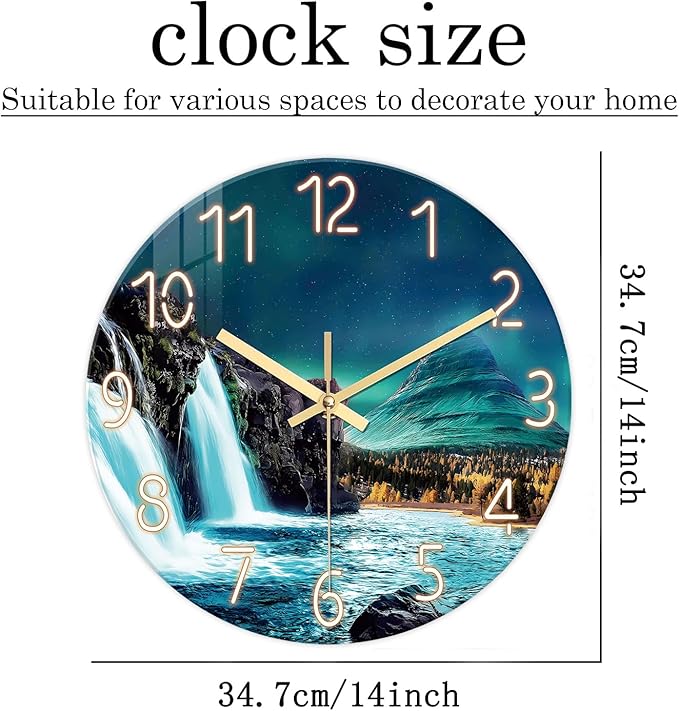 XNM 14 Inch Glass Kitchen Clocks Wall Battery Operated Teal Wall Clock Decorative Natural Landscape Quiet Clock Analog