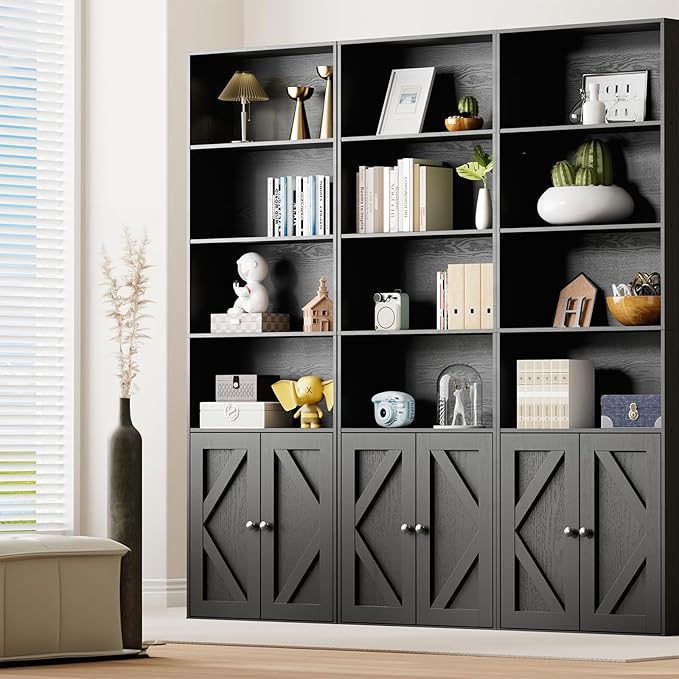 Tall Wooden Bookshelf with Cabinet and Doors,Vintage Black Bookcase for Bedroom, Living Room, or Home Office Storage, 6 Shelves for Heavy Books & Organization