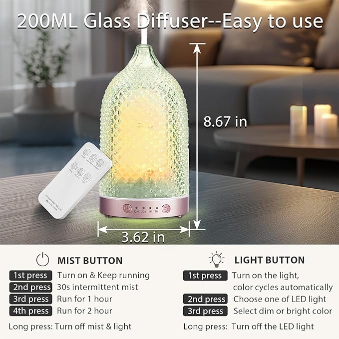 7 Colors Glass Diffuser, 200ML Essential Oil Diffuser, Ultrasonic Aromatherapy Diffuser with Timer, Auto-Off Protection, Cool Mist Aroma Diffuser for Home, Office,Yoga (Rose Gold)