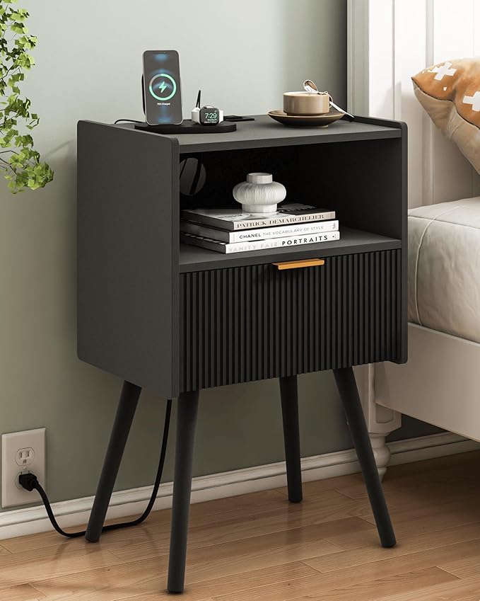 Black Nightstand with Outlet,Modern Bedside Table with Storage Drawer and Open Wood Shelf, for Living Room, Bedroom and Small Spaces, Accent Night Stand with Solid Wood Legs, Easy Assembly
