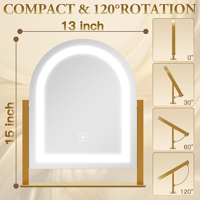 Lighted Makeup Mirror with 3-Color Dimmable Lighting, with Removable 10x Magnifier, Smart Touch Control, 360° Rotation, 15" x 13" Hollywood Vanity Mirror for Tabletop Desk (Gold)