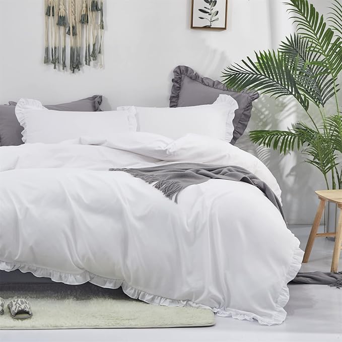 Luxlovery White Ruffle Comforter Set Full Farmhouse Boho Bedding Comforter Set Plain White Shabby Chic Solid Blanket Quilts Vintage Rustic Bedding Set with Ruffles for Full Bed