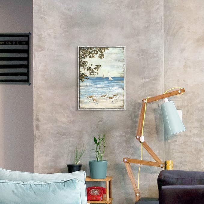 Ocean Abstract Wooden Artwork Framed: Seagulls Graphic Art Print on Wood Board for Bathroom (11''W x 16''H, Multi-Sized/Material)