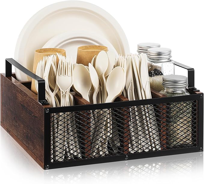 Wooden Paper Plate Dispenser Utensil Holder Kitchen Counter Cutlery Flatware Organizer for Party Utensil Caddy Paper Plate Holder for Cups Spoons Forks Napkins, Kitchen Accessories