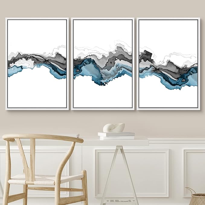 SIGNWIN Framed Canvas Print Wall Art Set Black Blue Smoke Wave Landscape Abstract Shapes Illustrations Modern Art Decorative Contemporary Colorful for Living Room, Bedroom, Office - 24"x36"x3 White