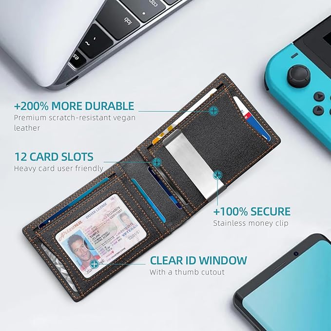 Zitahli Slim Wallet for Men Gifts 12 Card Slots ID Window With Money Clip Minimalist RFID Front Pocket Bifold Leather Small Thin Gift Box Dad Birthday Christmas Regalos Hombres