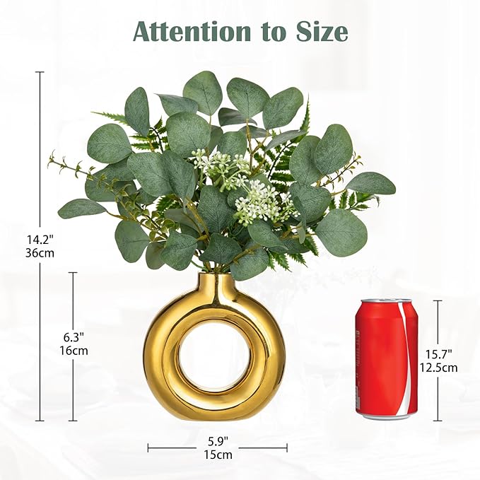 Artificial Eucalyptus Stems in Ceramic Vase 14.23" Fake Eucalyptus Plant Decor Gold Donut Vase with Greenery Centerpiece Table Decorations Small Faux Green Plant for Home Farmhouse Wedding Table Decor